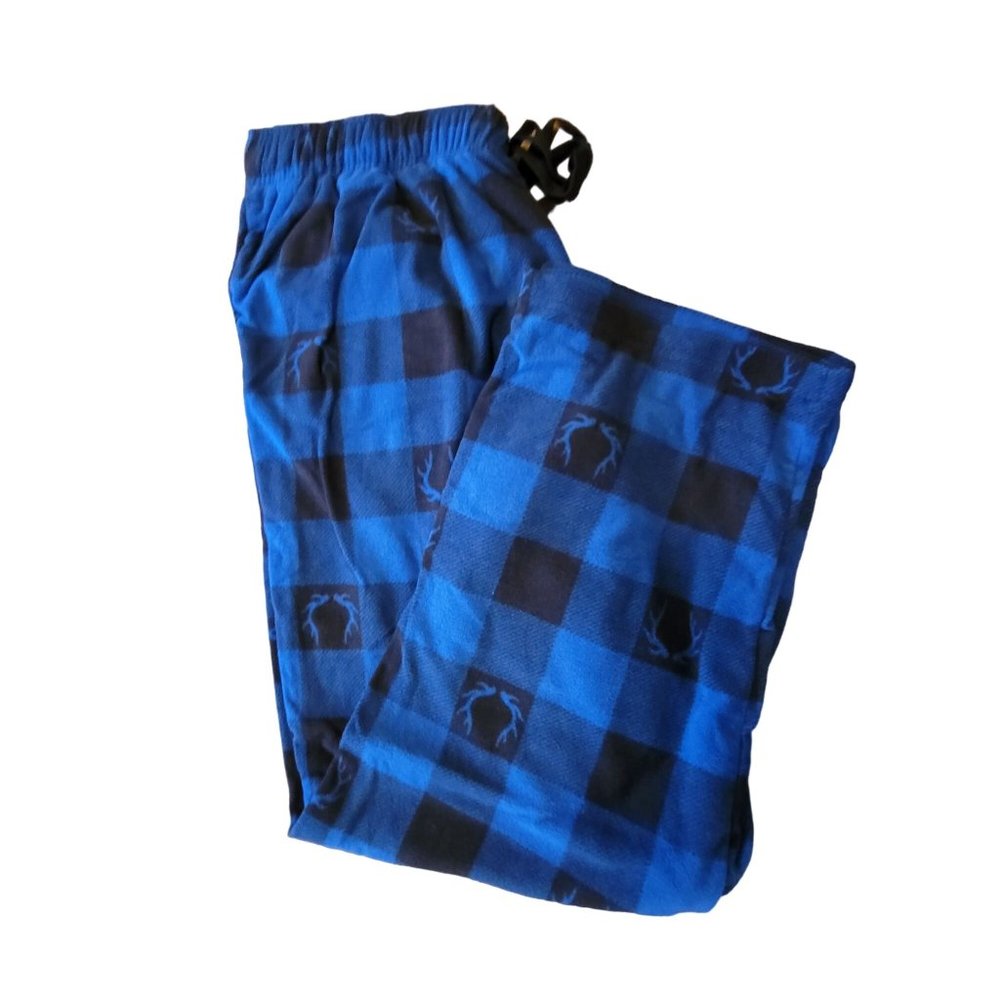Fleece Pajama Lounge Sleep Blue Black Deer Buffalo Plaid Men's Size 1X JJ2088